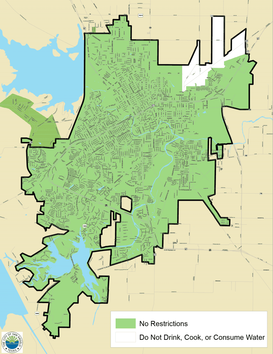 Water restrictions -- Do Not Drink-- in the white area of the map of the city of San Angelo as of Feb. 25, 2021