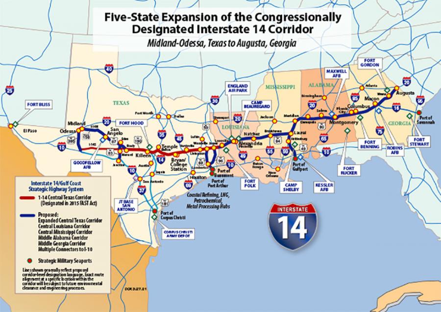 The I-14 routing through five U.S. states that also routes through San Angelo and the Midland/Odessa areas.
