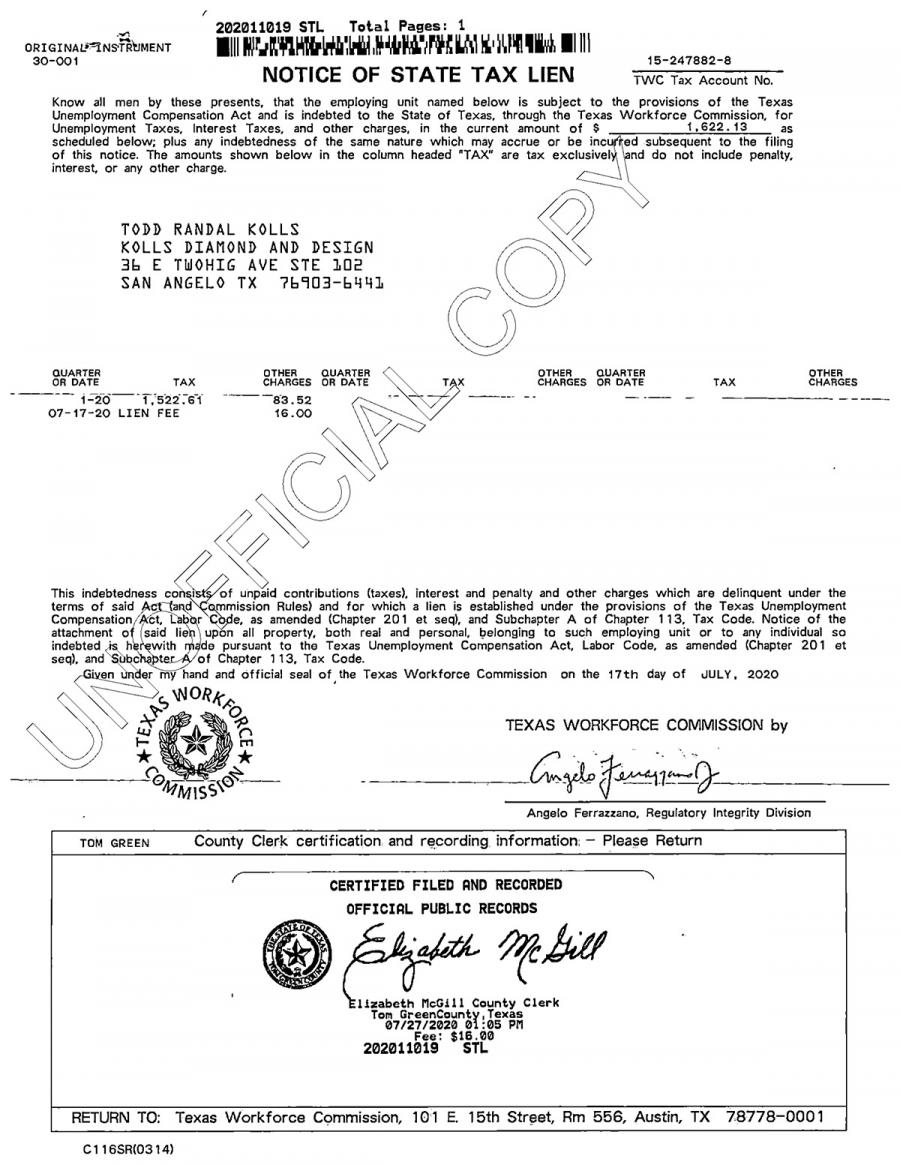 The tax lien on Todd Kolls