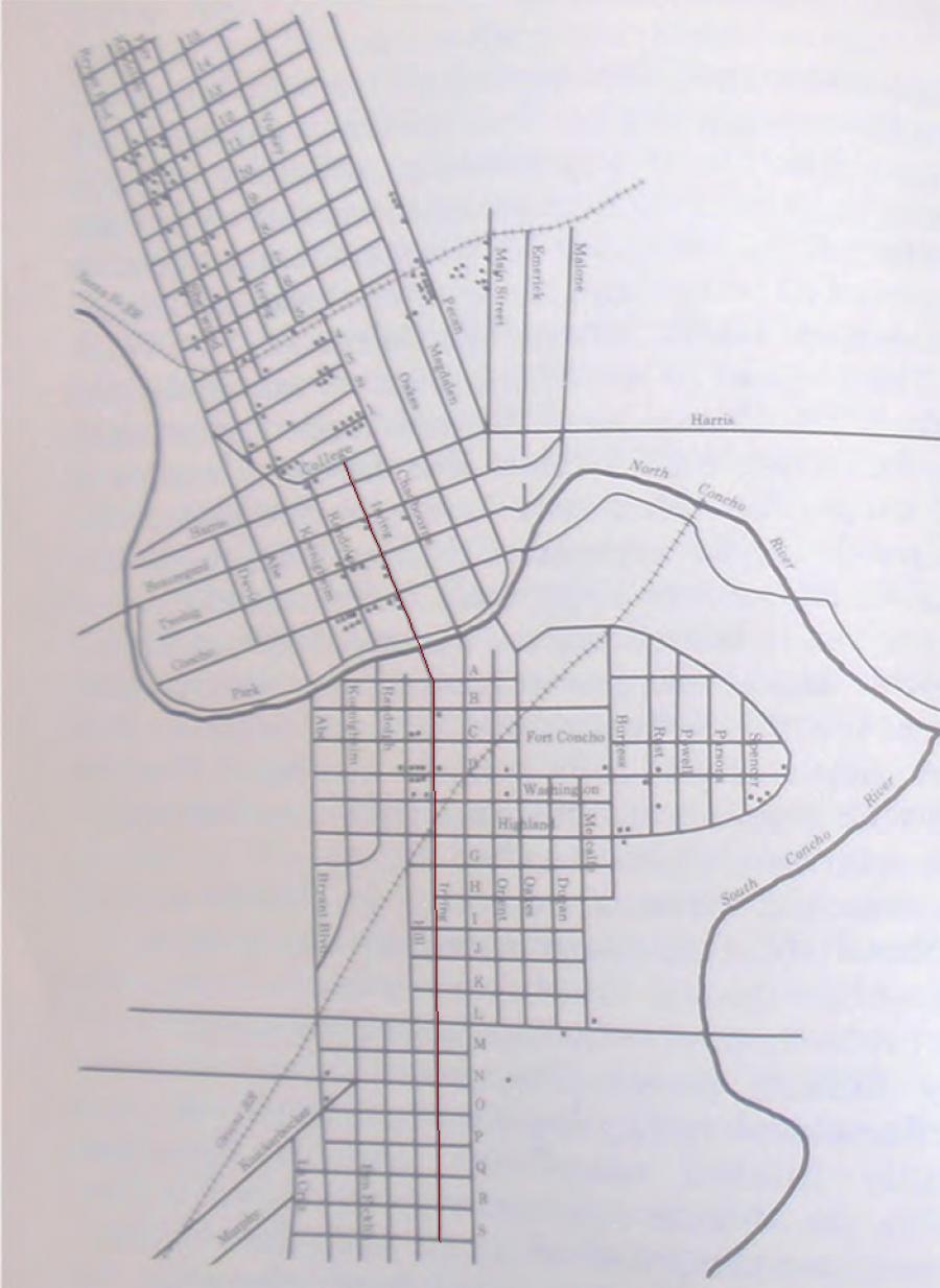 Map showing approximate locations of Mexican American property holdings in San Angelo in 1910.