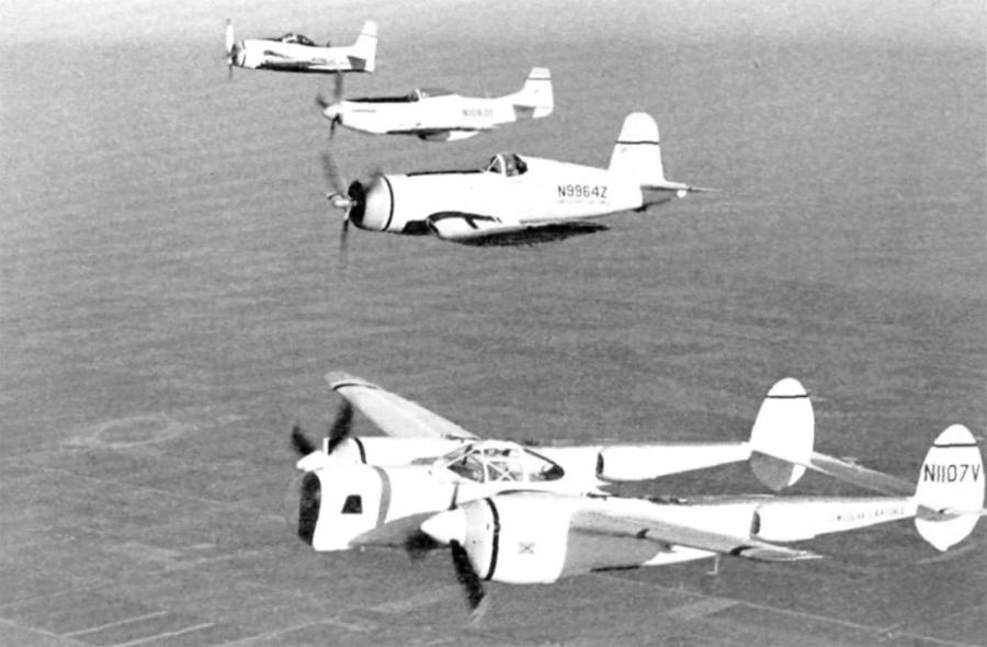 The original CAF fighters. Four great planes, the F8F Bearcat (top), P-51 Mustang, F4U Corsair and P-38 Lightning, sparkle in the Rio Grande Valley sun as their joy-seeking pilots prepare to peel off for low-level strafing runs that may scare even the boll weevils in the cotton fields below. (From an August 12, 1963 article in Sports Illustrated by Dan Jenkins)