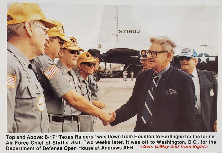 General Curtis Lemay (second from right shaking hands), the iconic bomber wing commander from WWII and founder of the Strategic Air Command had advice for naming the restored CAF B-17. Do not name it after an existing B-17. Rather, make the name generic. He also advised the CAF on the somewhat original paint scheme that was revised years later.