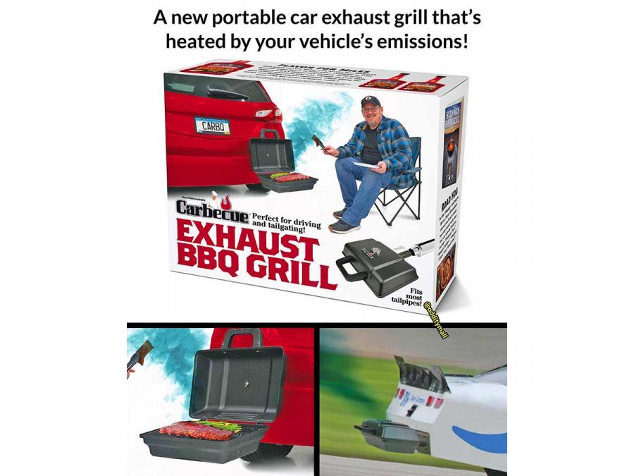 Carbecue. It’s a small grill that attaches to the tailpipe on your vehicle.