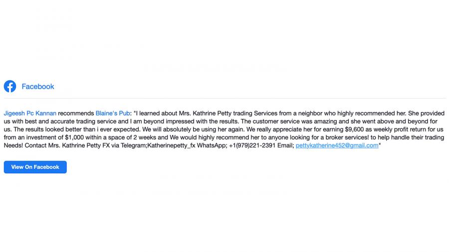 An example of spam that is now prevalent on Facebook. An innocuous "review" that is a fake profile or bot-generated advertisement.