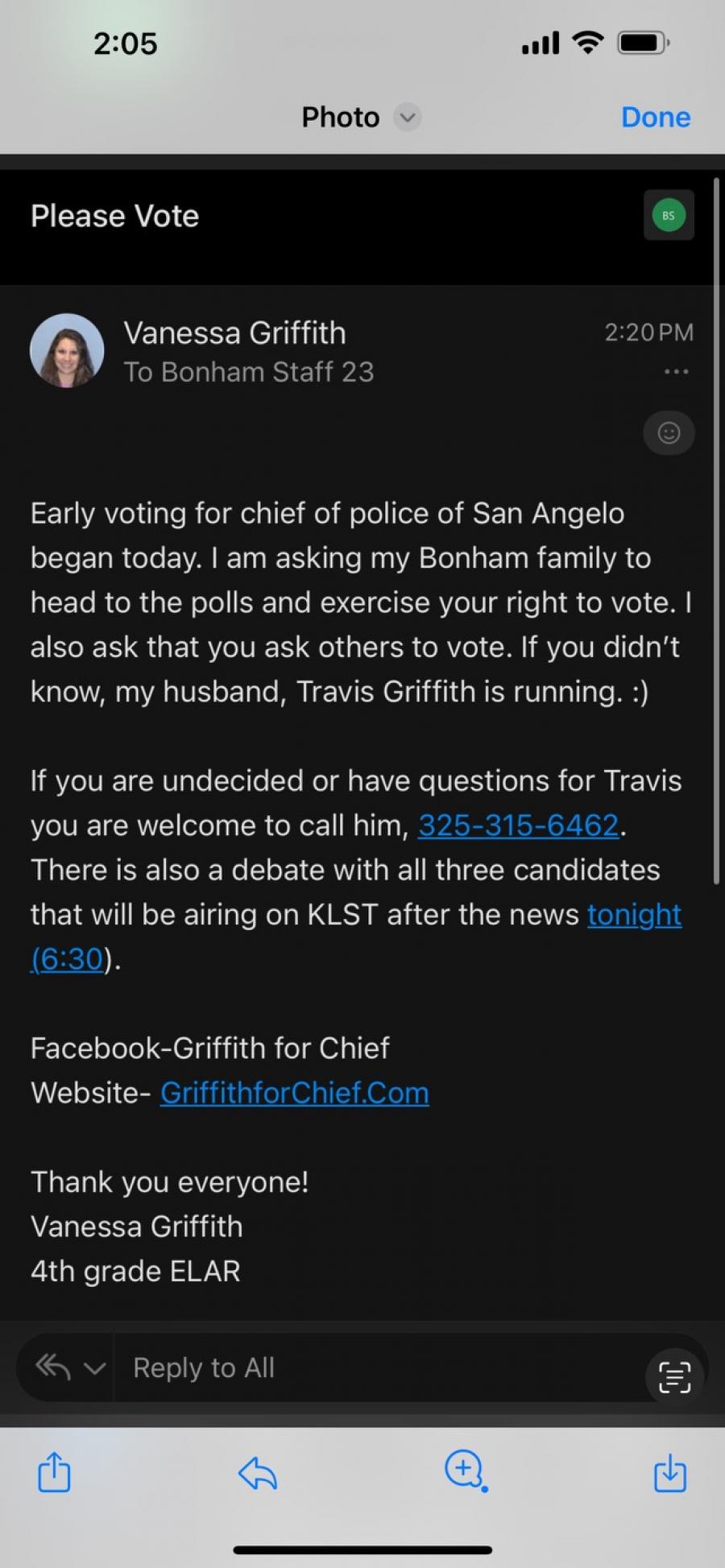 Vanessa Griffith's email to colleagues that seemingly violate election code.