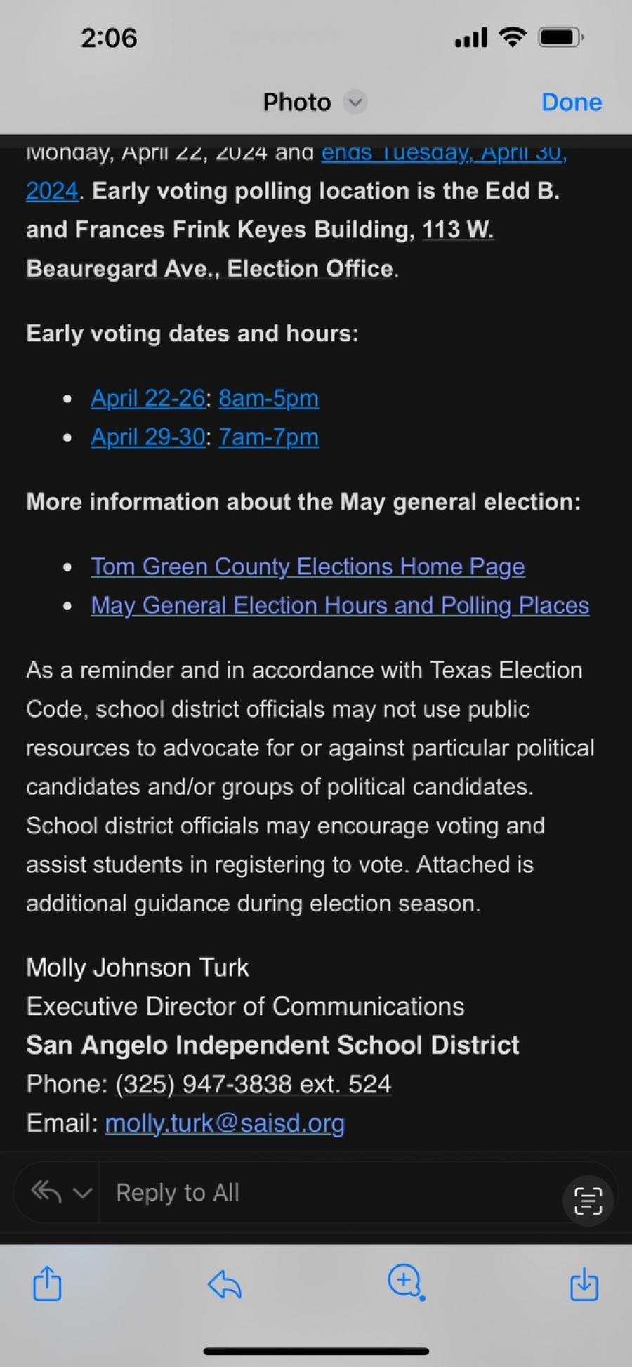 A portion of an email from San Angelo ISD comms director Molly Turk admonishing all not to use school resources to advocate for a particular candidate.