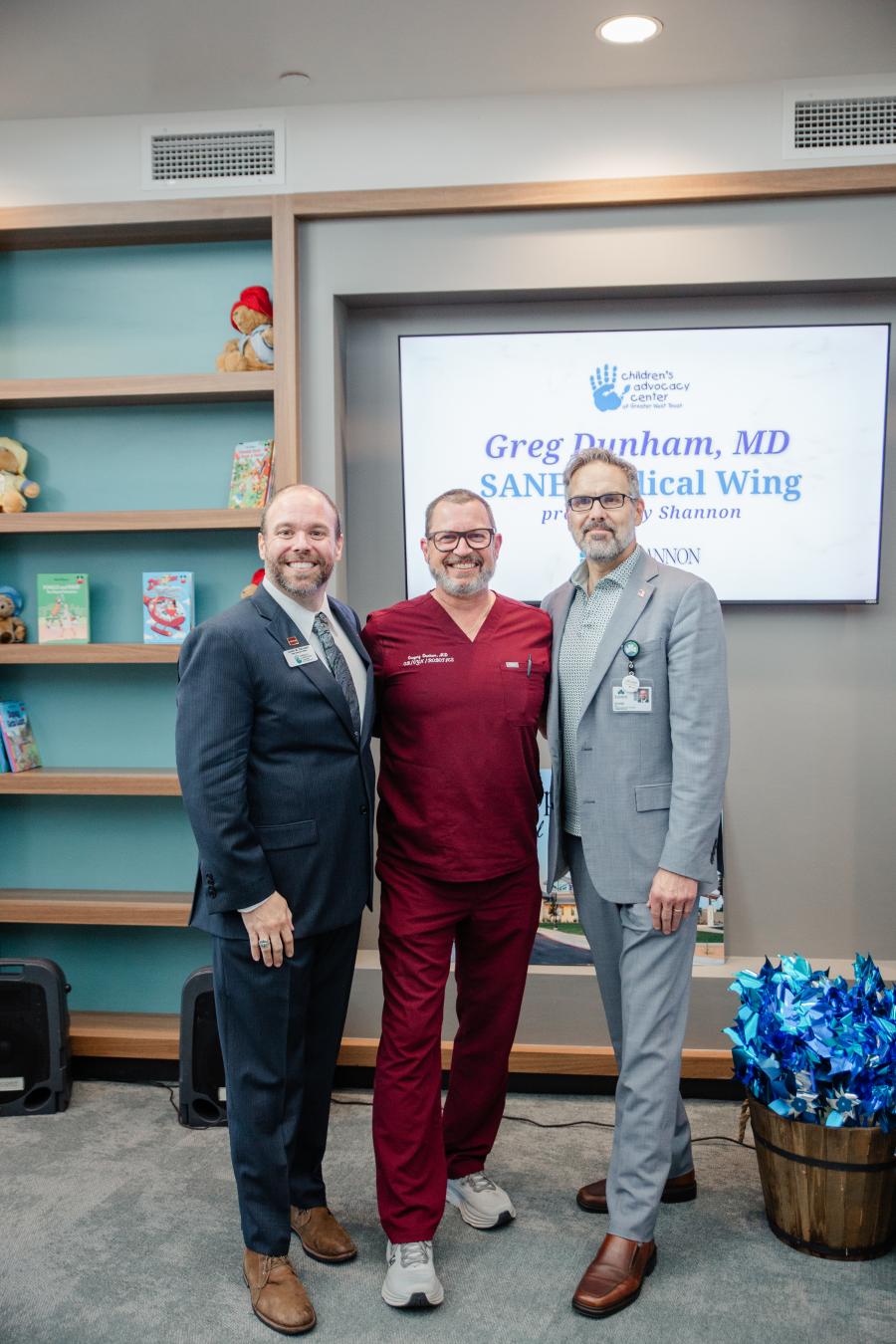 (L-R) Justin M. DeLoach, CEO CAC of Greater West Texas, Greg Dunham, MD OB/GYN at Shannon, and Shane Plymell, CEO Shannon pose during the naming of the Dunham SANE Medical Wing at CAC provided by Shannon.
