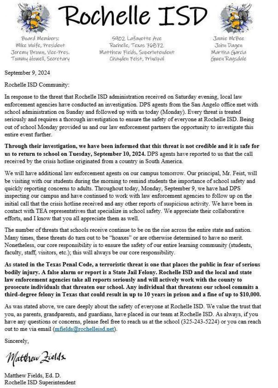 Rochelle ISD Confirms Threat Originated from South America, Classes to Resume Tuesday