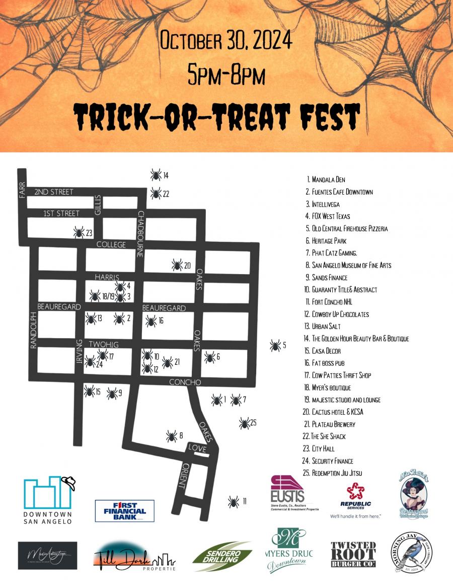 Map of participating locations for Downtown San Angelo’s Trick-or-Treat Fest on October 30, 2024, from 5 p.m. to 8 p.m. Families can enjoy candy, games, and spooky activities at local businesses throughout the downtown area.