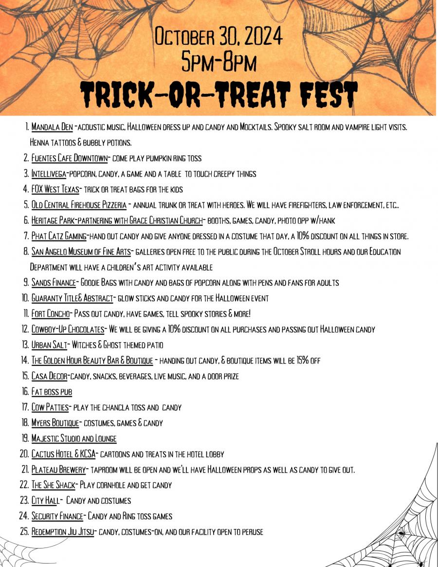 List of attractions and participating businesses for Downtown San Angelo’s Trick-or-Treat Fest on October 30, 2024. The event will feature games, candy giveaways, and Halloween-themed activities at various locations throughout downtown.