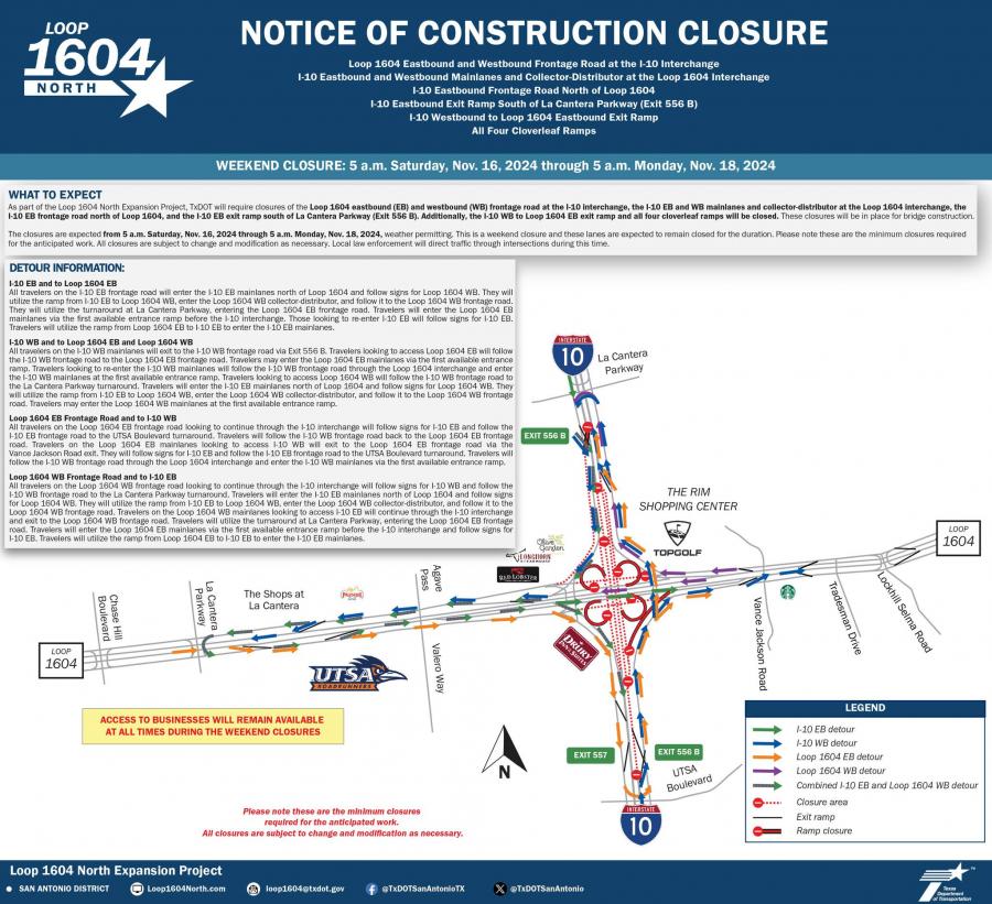 Notice of construction closure for I-10 and Loop 1604 interchange in northwest San Antonio. Friday night closures are scheduled from 9 p.m. on Nov. 15 through 5 a.m. on Nov. 16, with multiple detours in place to accommodate traffic.