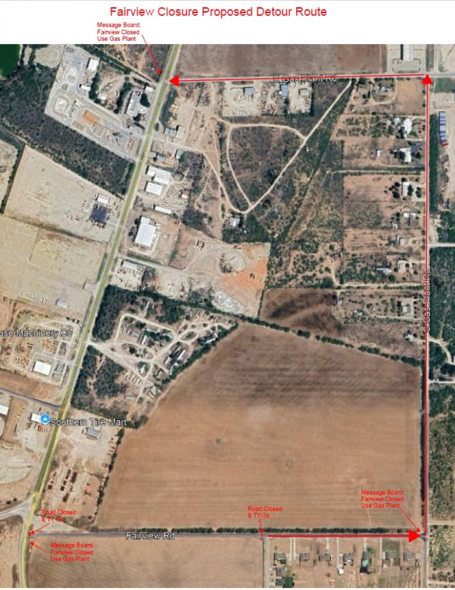 Detour map for Fairview School Road closure between Bridlewood Ct. and Christoval Rd., in effect from Nov. 19-21. Drivers are advised to use the alternate route via Gas Plant Road.