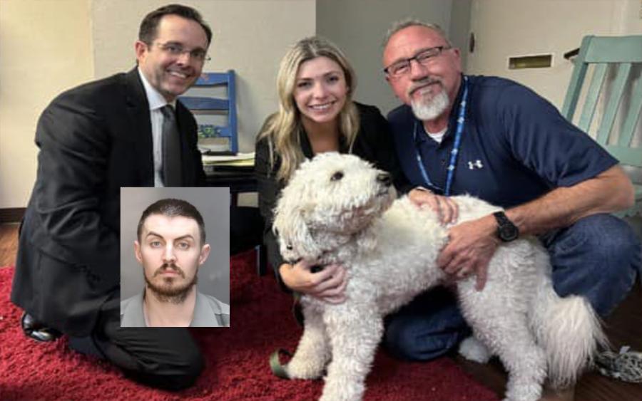 Prosecutors Ryan Calvert and Alyssa Killin, along with Investigator Keith Kitt, gather with Titan, the microchipped dog whose loyalty and presence helped police identify Mandy Reynolds’ killer. Inset: Derek Daigneault, convicted of Reynolds’ murder.