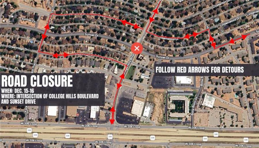 The intersection of College Hills Boulevard and Sunset Drive will be completely closed from noon on Sunday, Dec. 15, to 6 p.m. on Monday, Dec. 16, as part of the ongoing paving project.