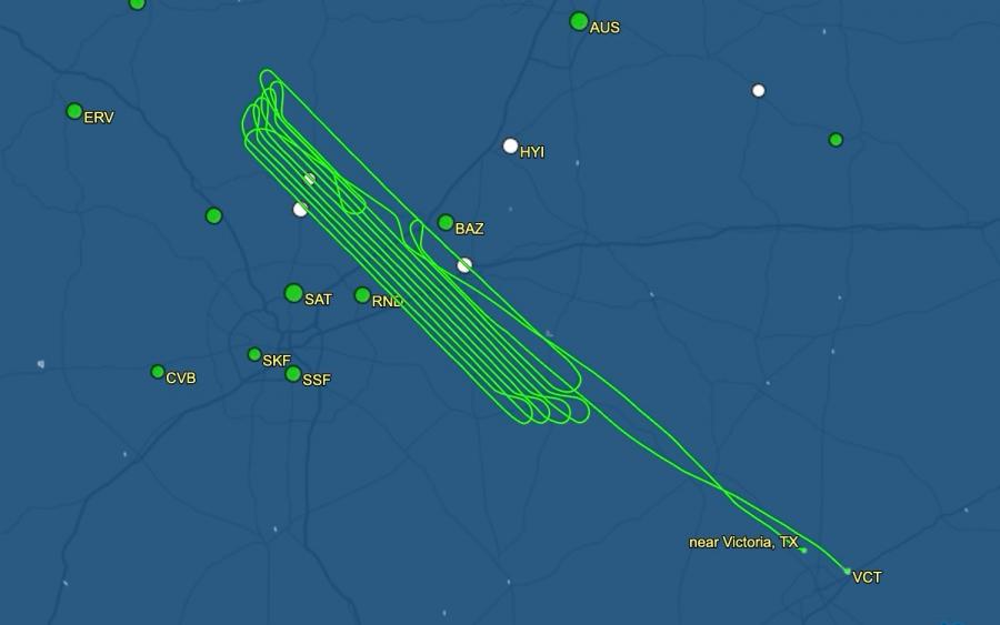The plane’s path, which includes loops and backtracking. 