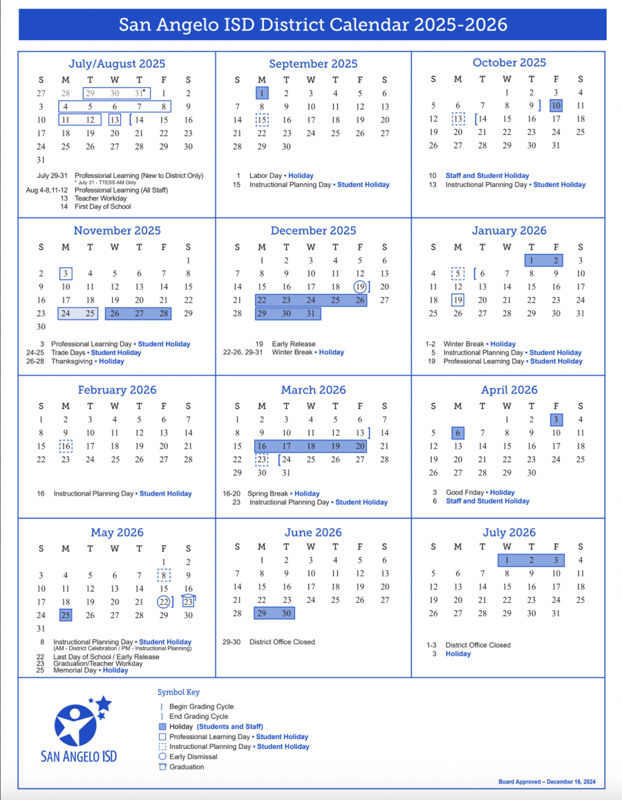 The San Angelo ISD Board of Trustees approved Option B for the 2025-2026 district calendar during its regular meeting on Dec. 16.