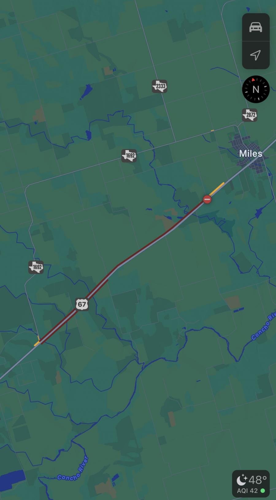 Google Maps shows the portion of roadway shutdown on US67 due to police activity on Feb. 15, 2025