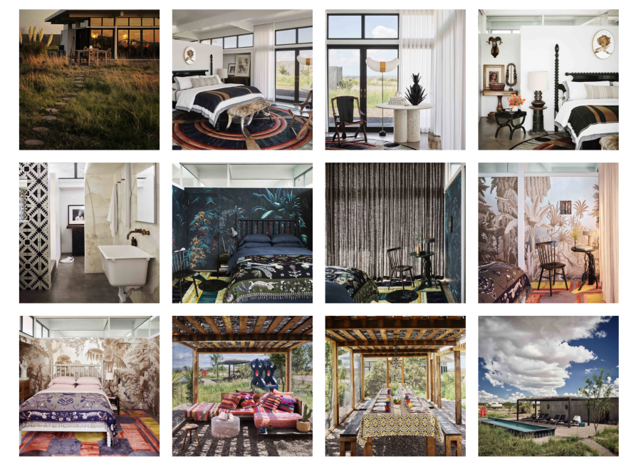 Interior and exterior views of the Marfa retreat showcase its vibrant patterns, and outdoor living spaces, including a desert palapa and a lap pool. (Photos courtesy of Marfa Vista Real Estate)