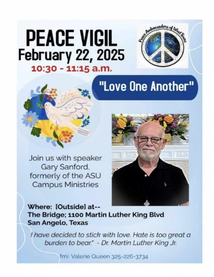 The Peace Ambassadors of West Texas will host their second Peace Vigil on February 22 at 10:30 a.m. at The Bridge (Ministerial Alliance Building) located at 1100 Martin Luther King Drive.