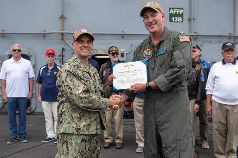 Lt. Michael Rangel, an Angelo State University graduate from San Angelo, Texas, was recognized by the U.S. Naval Academy Class of 1971 for his exemplary ethics and leadership during his service on the USS Theodore Roosevelt. (U.S. Navy photo by Mass Communication Specialist Seaman Alexander Bussman)