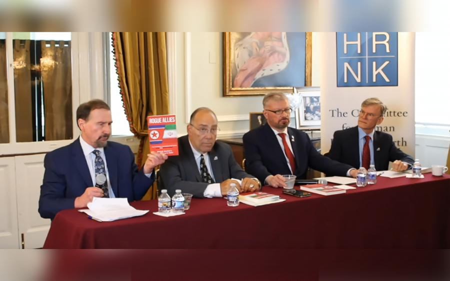 Dr. Anthony Celso (far left) and Dr. Bruce Bechtol (second from left) presenting their new book to the Committee for Human Rights in North Korea in Washington, D.C.