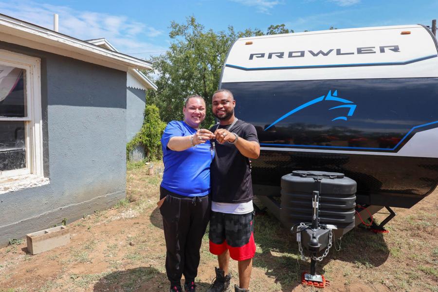 BRITTANY AND LEVERNE WERE LIVING IN A MOTEL ACROSS TOWN WITH THEIR TWO DOGS BEFORE SAMARITAN’S PURSE PROVIDED THEM A CAMPER ON THEIR PROPERTY TO MOVE INTO.