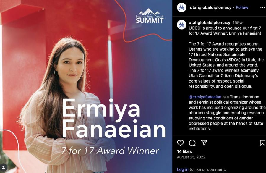 State Department &amp; UN ties to Armed Queers SLC leader now confirmed. This is trasn-activist Ermiya Fanaeian, an award-winning trans liberation and feminist political organizer tied to a Utah trans-activist group allegedly working with a Texas group. (via @DataRepublican on X)