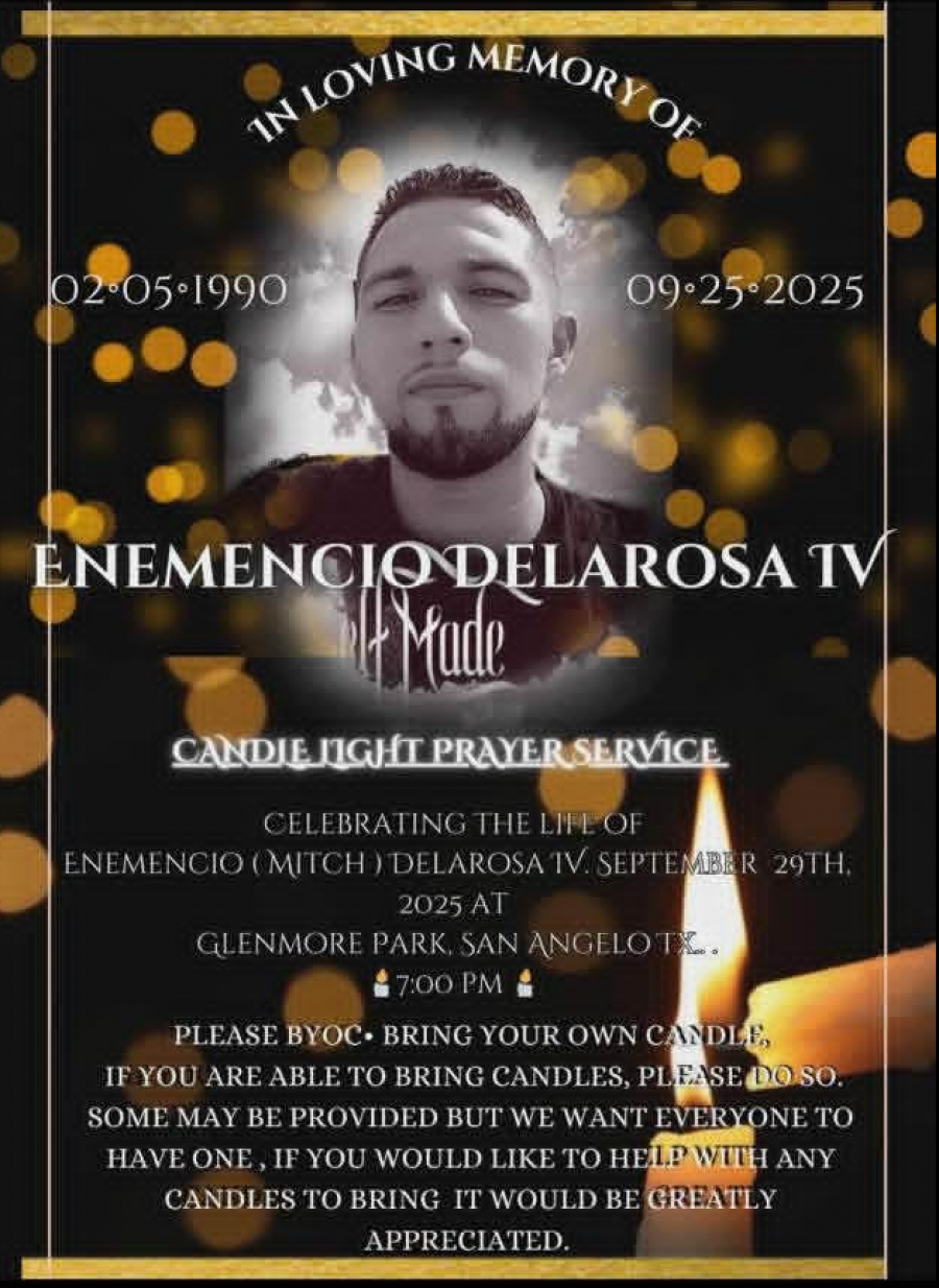 Enemencio “Mitch” De La Rosa IV has died days after being shot on Chadbourne Street; a vigil and fundraiser are planned in San Angelo.