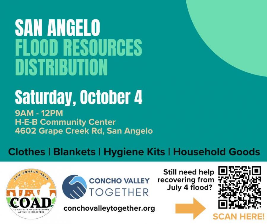 Households affected by the July 4 flooding can pick up free clothes, blankets, hygiene kits, and household goods Saturday at the H-E-B Community Center.