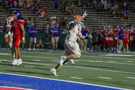 Mason Van Sickle celebrates after catching the winning touchdown in the final minute of a 31-27 win over Abilene Cooper during the 2024 season.