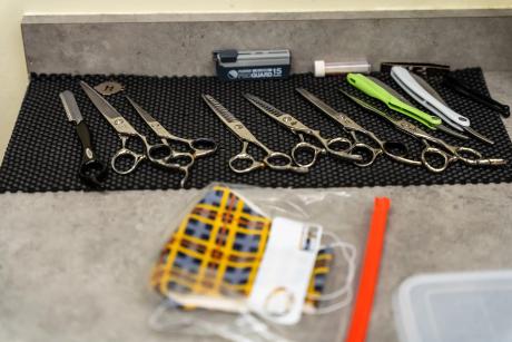 Scissors and other barbershop tools at shown at Marchica's Barbershop in Austin on May 28, 2020.