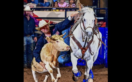 Cody Devers moved into the top spot in steer wrestling at the San Angelo Rodeo on Wednesday, April 15, 2026, with a three-run cumulative time of 13.4 seconds.
