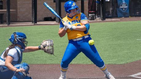 Angelo State's Ashleigh Dendas bats against Texas A&M-Kingsville during the 2026 South Central Regional Softball Tournament. 