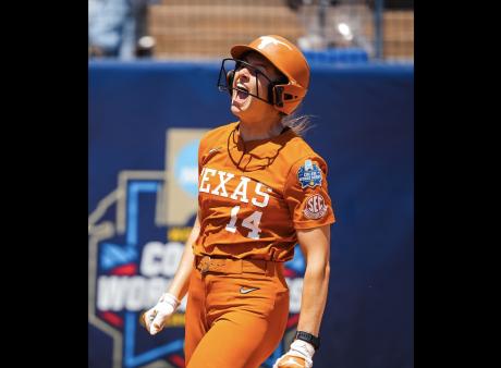 Texas' Reese Atwood celebrates during the 2026 College Softball World Series.