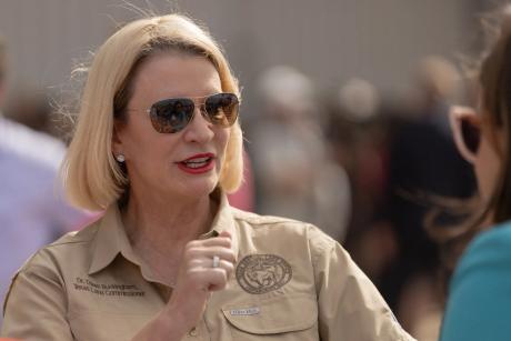 Land Commissioner Dawn Buckingham at an event with President Donald Trump and Gov. Greg Abbott at the South Texas International Airport in Edinburg on Nov. 19, 2023.