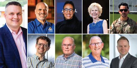 (L-R) Dr. Bobby Ott; (Top) Tom Nurre Jr., Rita Mbanga, Elta Joyce McAfee, Maj. David DeLeon; (Bottom) Dr. Simon Pfeil, Bill Dendle, Dr. Doyle Carter, Lt. Col. (ret) Tim Neslony. 