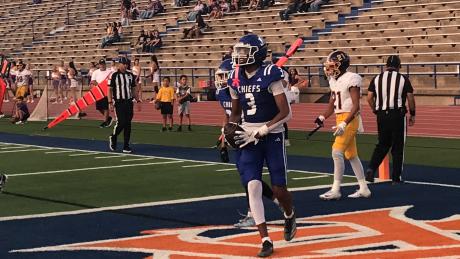 Lake View's Andrew Young celebrates after a touchdown catch against Pecos on Friday, Sept. 18, 2026.