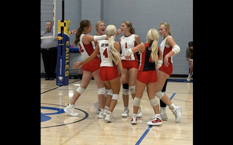 The Christoval volleyball team celebrates during the 2026 season.