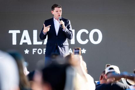 State Rep. James Talarico, the Democratic nominee for U.S. Senate, campaigns at Celis Brewery in Austin on Aug. 20, 2026, as part of his "New American Dream" tour to promote his economic agenda.