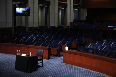 The witness table for a hearing by the House Judiciary Committee in the Congressional Auditorium at the U.S. Capitol Visitors Center July 28, 2020 in Washington, DC. (Photo by Chip Somodevilla / POOL / AFP via Getty Images)