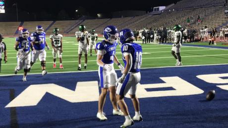Lake View's Aiden Rivera celebrates with Calvin Whitfield after a late touchdown against Pflugerville Connally.