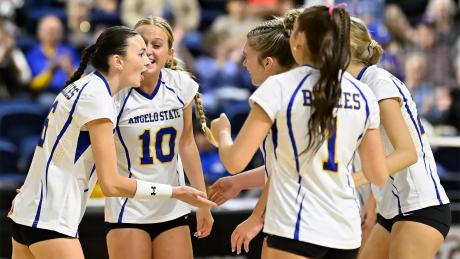 The Angelo State volleyball team celebrates a point during the 2026 season.