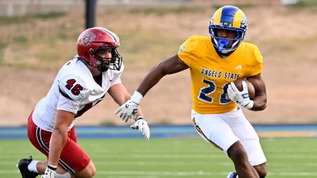 Angelo State's Ashton Dickens runs during the 2026 football season.