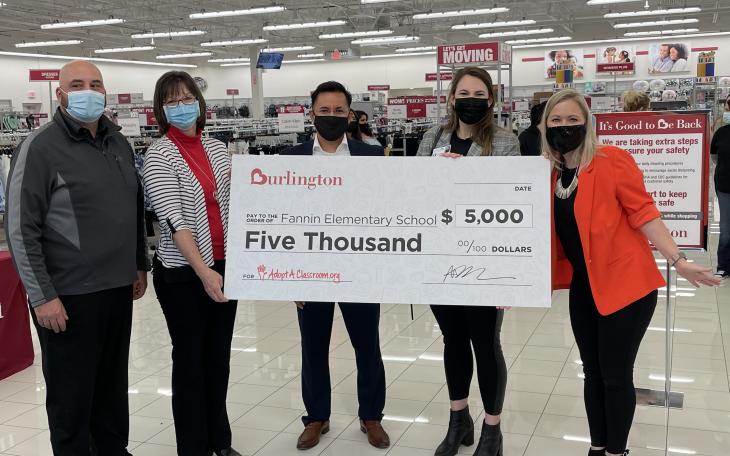 Burlington San Angelo Store presentation of $5,000 check to Fannin Elementary School on March 19, 2021.