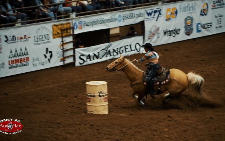 Barrel racer Jessica Routier clears the second of three barrels during a 14.37-second run at the 8th performance of the 2021 San Angelo Rodeo on April 17, 2021