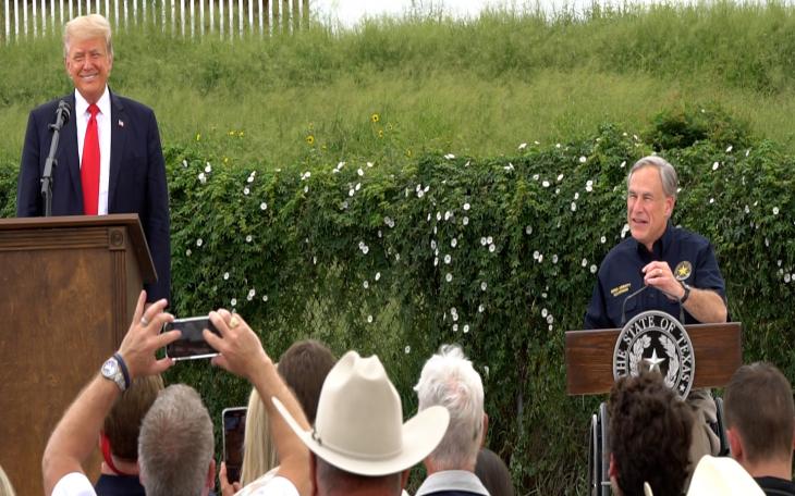 Former President Donald Trump and Texas Governor Greg Abbott at the unfinished border wall in Pharr, Texas.