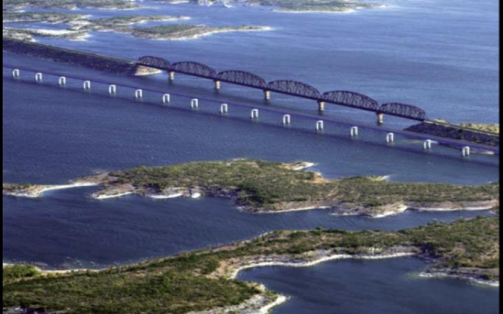 The U.S. 90 bridge and Union Pacific railroad bridges traversing Lake Amistad near Del Rio, Texas.