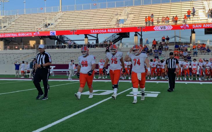 San Angelo Central Bobcats team captains head to the coin toss at the Central vs. Amarillo Tascosa game on Sept. 17, 2021
