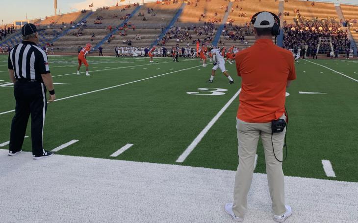 Head coach Kevin Crane at the 41-17 win over Midland on Oct. 7, 2021