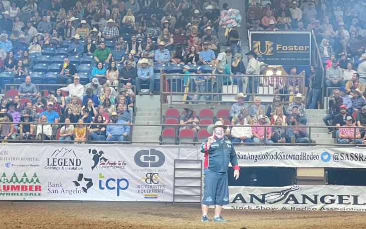 Barrelman Justin Rumford at the 90th Annual San Angelo Rodeo on April 1, 2022